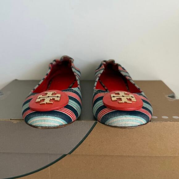 TORY BURCH Reva Printed Canvas Bauer Striped Ballet Flats-Women 7.5 - Picture 8 of 11